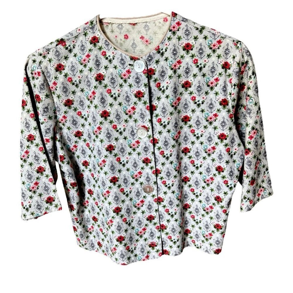 Vintage Cottagecore Cropped Button Floral Print Blue Gray Jacket Top Size Small